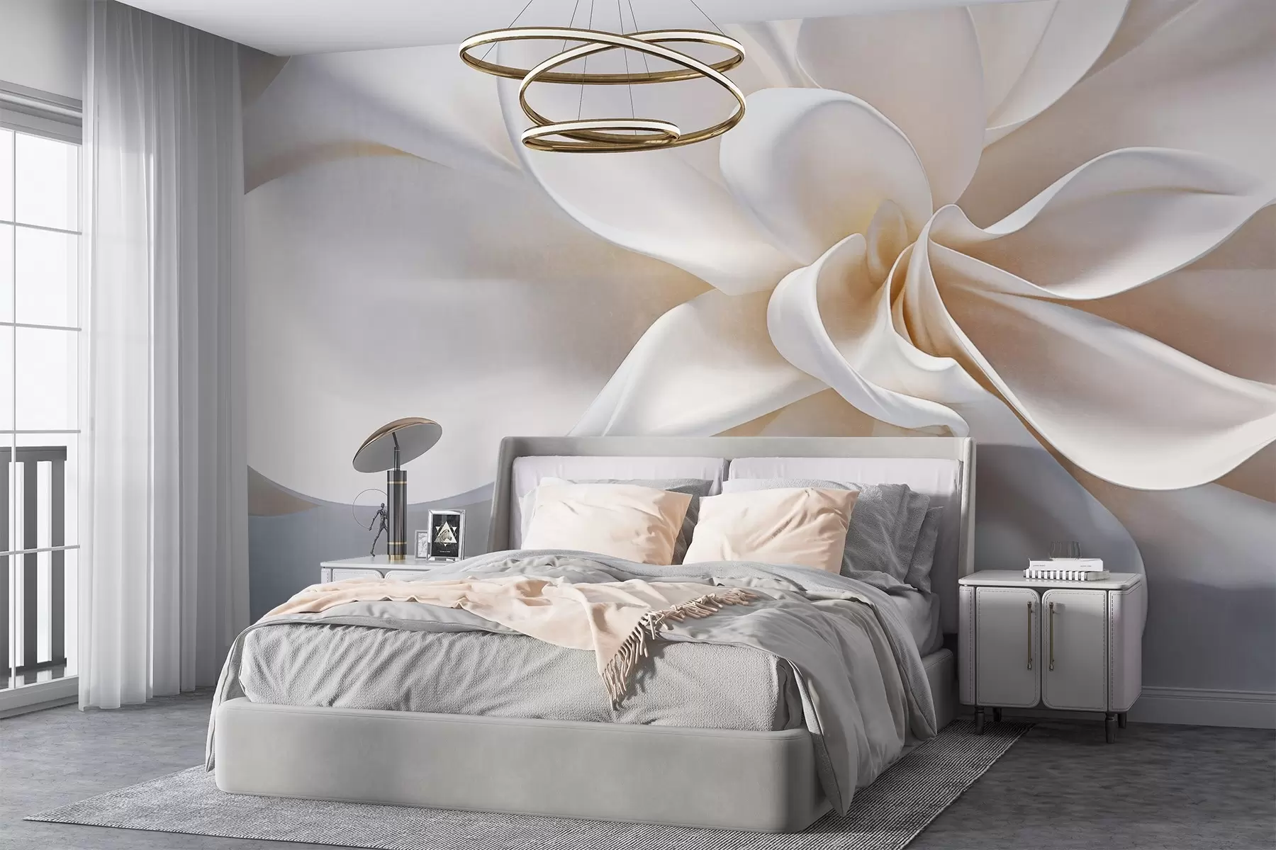 fototapet O floare alb pastel texturat minimalist cu petale moi, lumina si aerisit, pe un fundal alb w08868