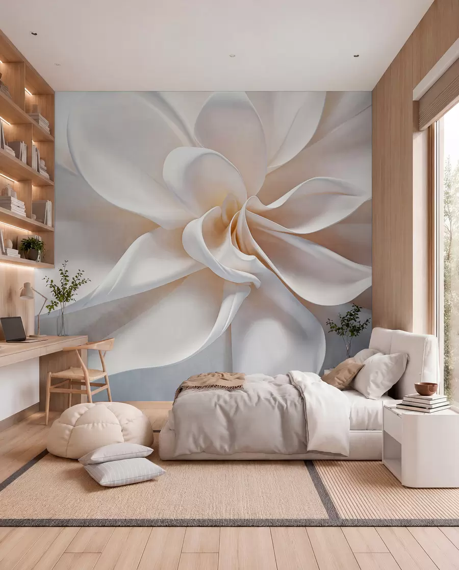 fototapet O floare alb pastel texturat minimalist cu petale moi, lumina si aerisit, pe un fundal alb w08868