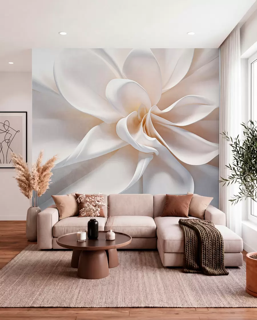 fototapet O floare alb pastel texturat minimalist cu petale moi, lumina si aerisit, pe un fundal alb w08868
