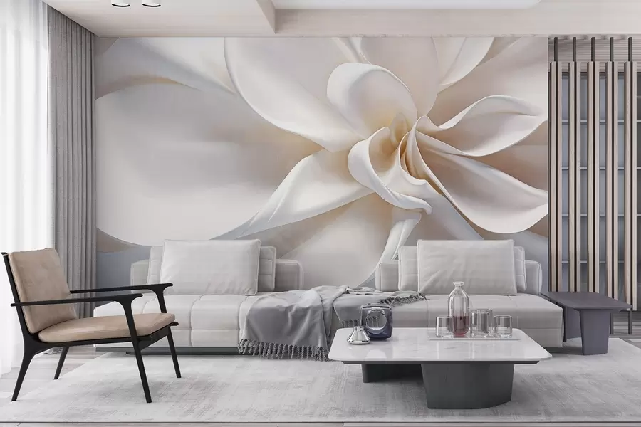 fototapet O floare alb pastel texturat minimalist cu petale moi, lumina si aerisit, pe un fundal alb w08868