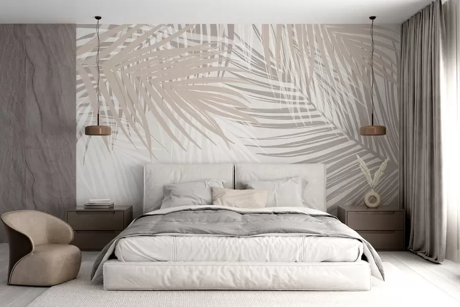fototapet Frunze de palmier în tonuri de bej deschis și alb, frunze tropicale, culori pastelate moi, design minimalist w08869