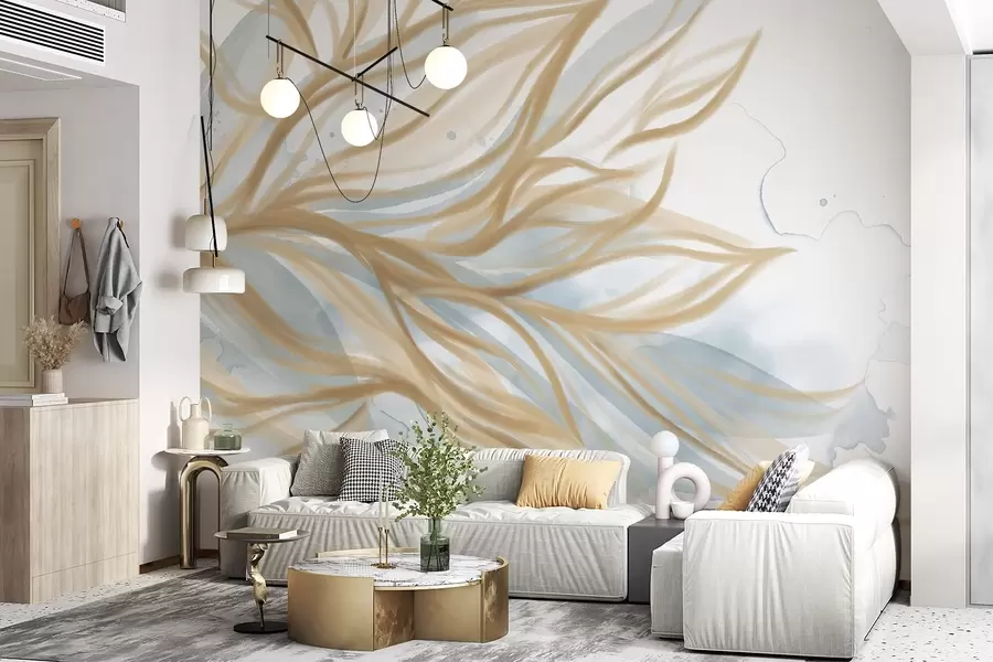 fototapet Abstract frunze galbene cu fundal albastru acuarelă, moale și delicat, forme organice, linii care curg w08871