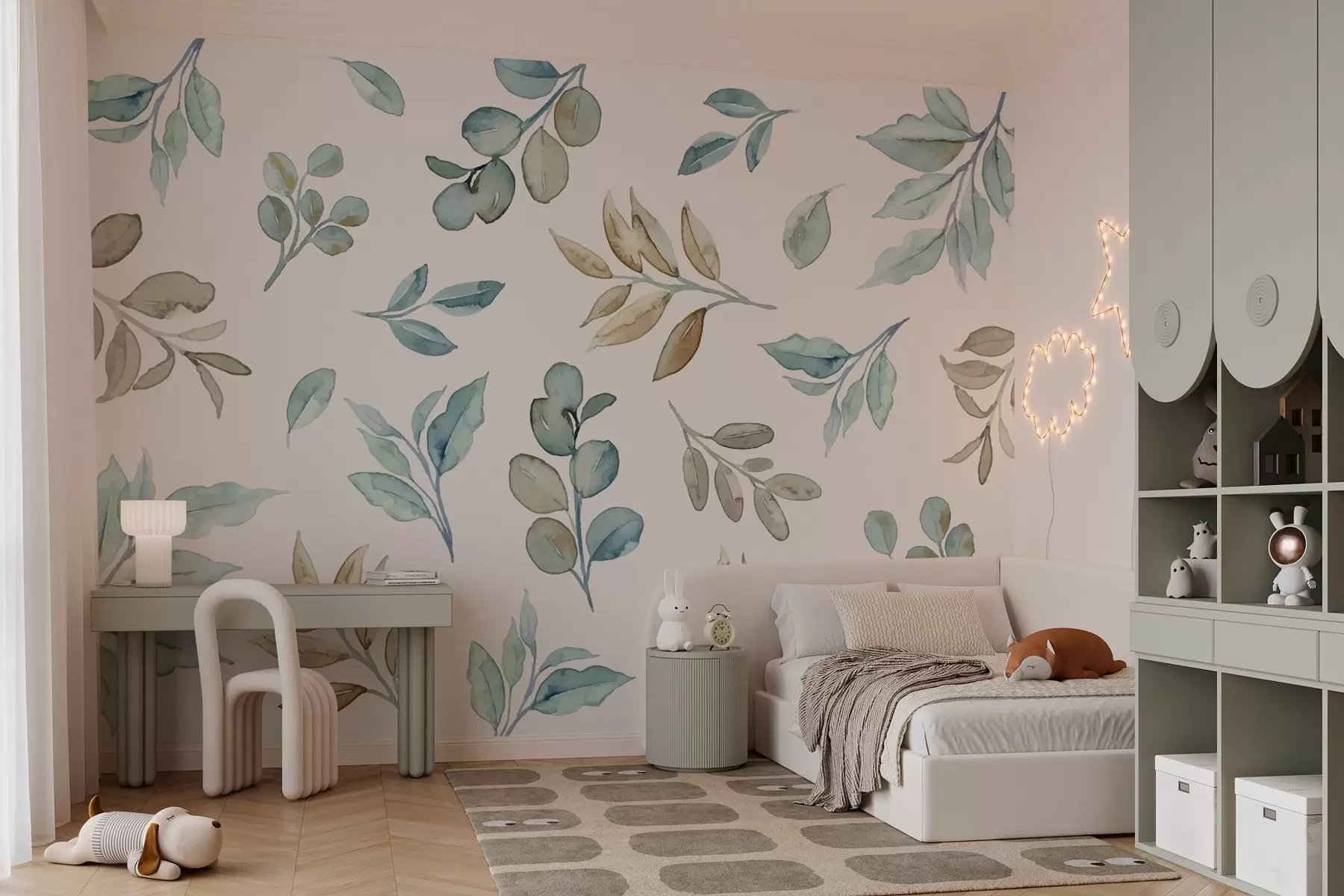 fototapet diverse frunze și ramuri în tehnica acuarelei în tonuri de albastru și bej pe un fundal alb w03280