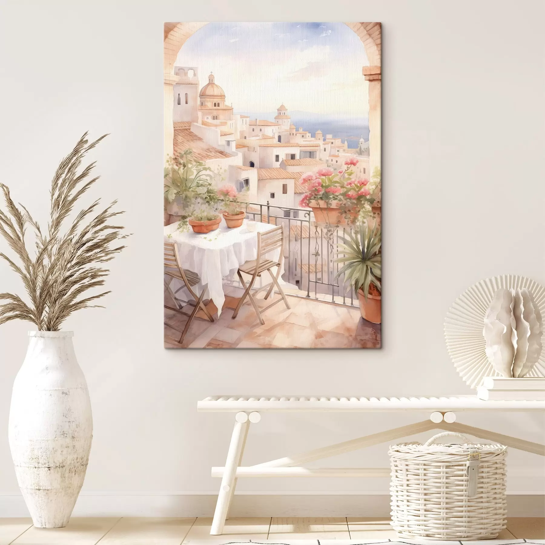 fototapet Apus de soare pe balcon, Italia, arhitectura, flori înflorite, stil acuarelă s43184