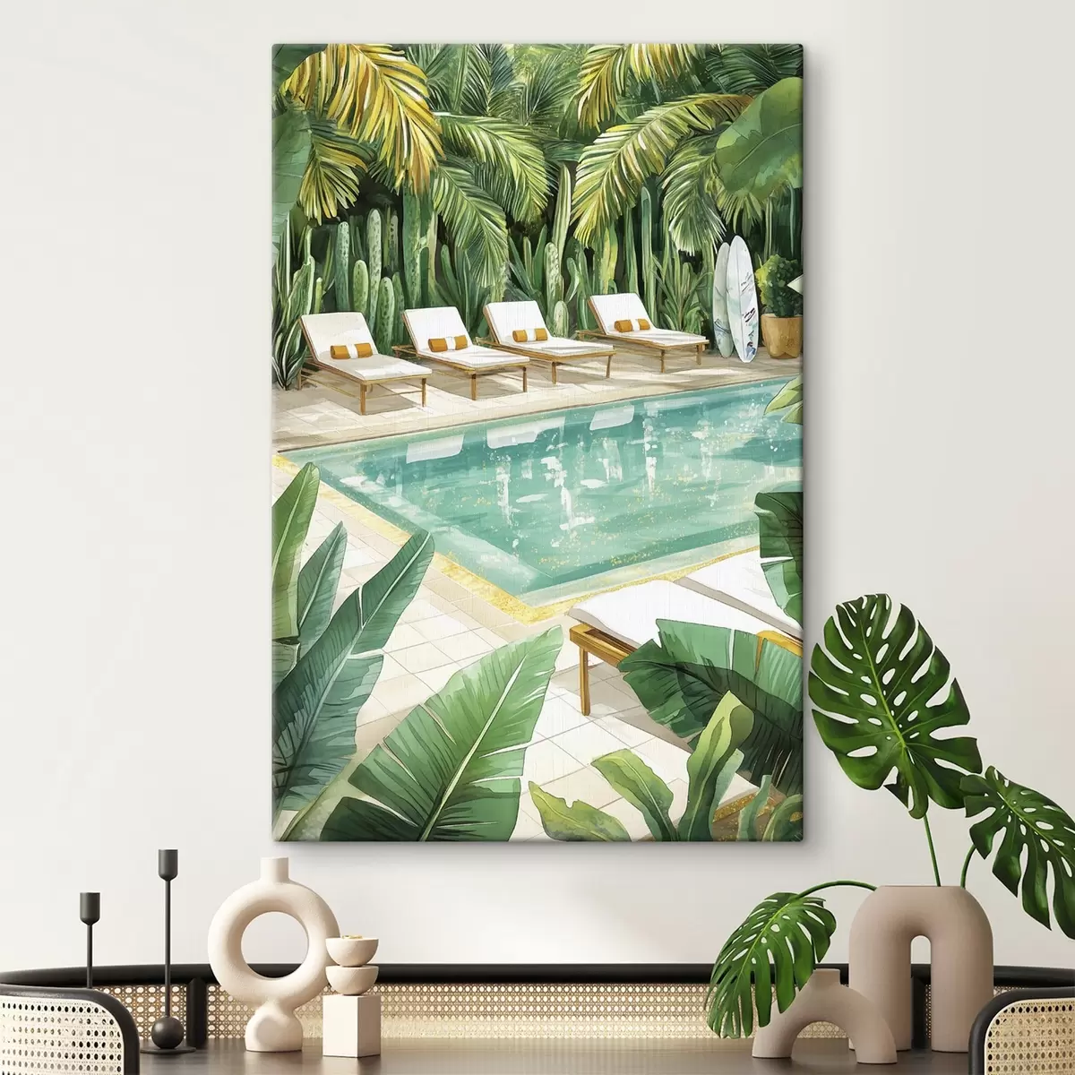 Tablouri Natură tropicală, grădină, piscină de vară, surfing, stil acuarelă s43190