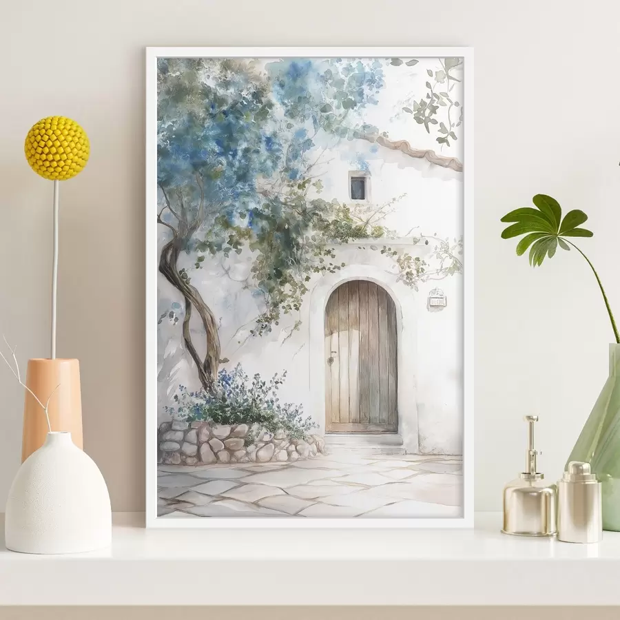 fototapet Frumoasă casă albă cu copac înflorit, mediteranean, stil acuarelă f43179