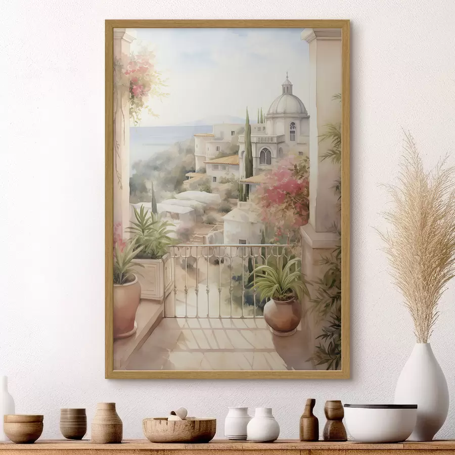 fototapet Spania peisaj de vară, arhitectura mediteraneană, stil acuarelă f43181