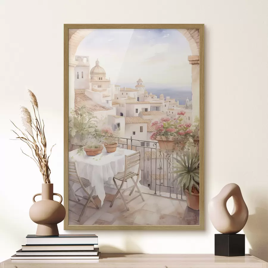 fototapet Apus de soare pe balcon, Italia, arhitectura, flori înflorite, stil acuarelă f43184