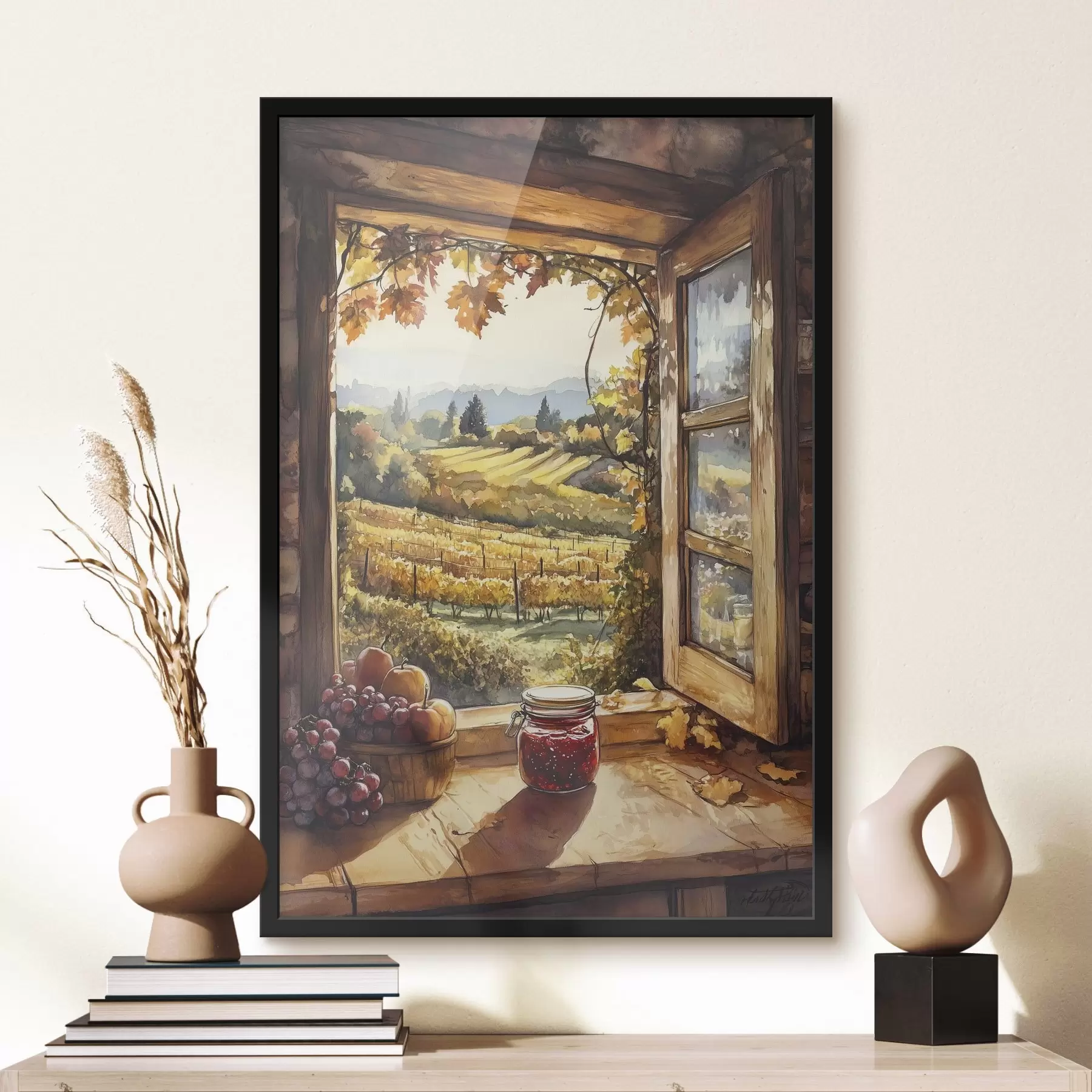 fototapet Recoltă în sat, rustic, fructe, gem, peisaje naturale, stil acuarelă f43186