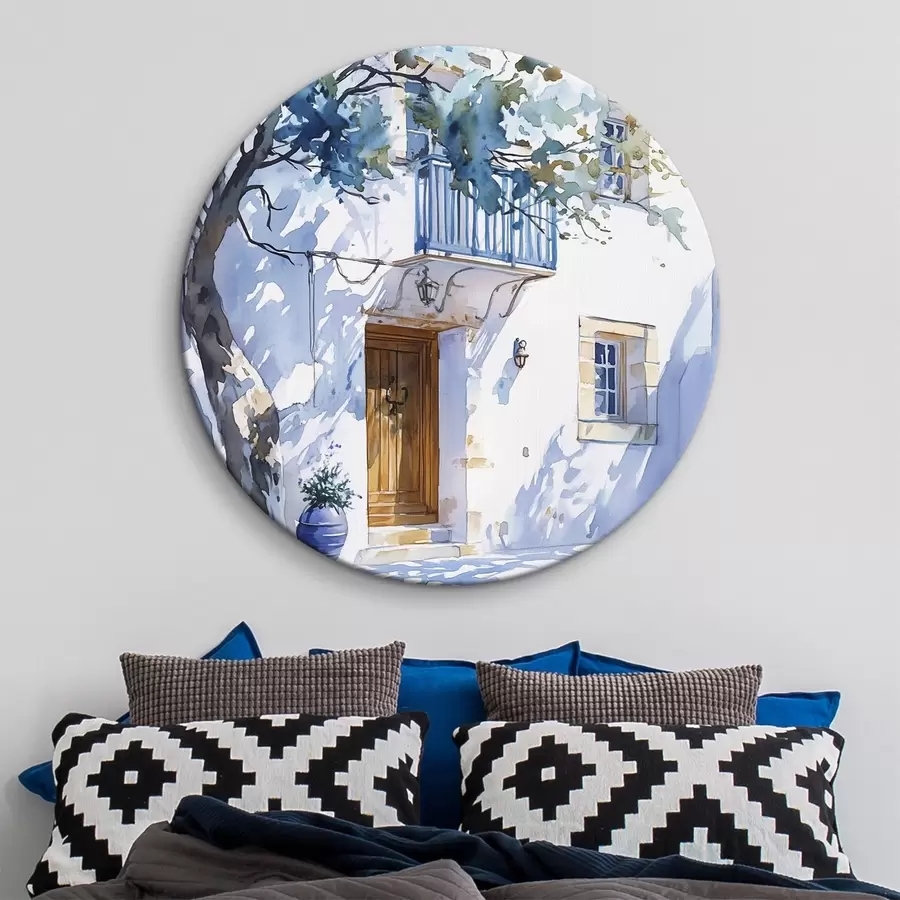 Tablouri Stil acuarelă, casă grecească, copac înflorit, arhitectură r43182