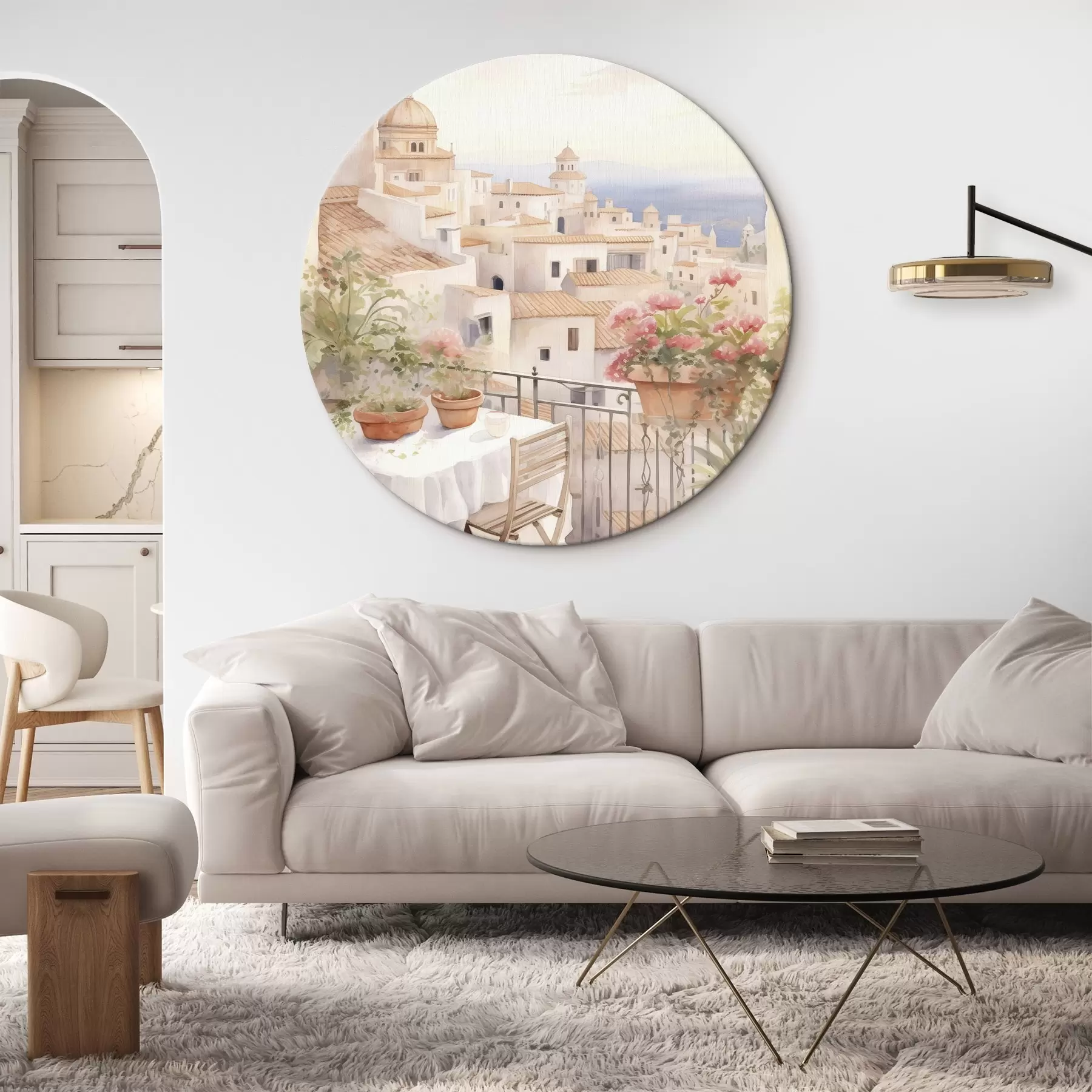 Tablouri Apus de soare pe balcon, Italia, arhitectura, flori înflorite, stil acuarelă r43184