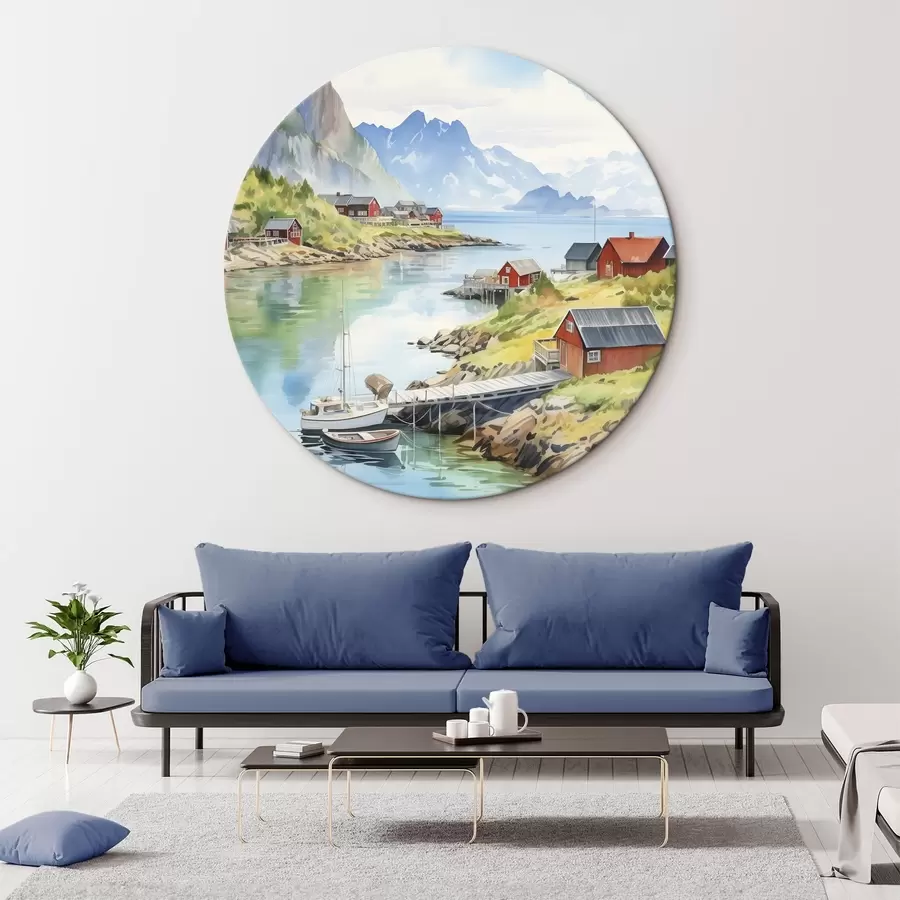 Tablouri Insulele Lofoten peisaj de vară, case roșii, munți, bărci r43187