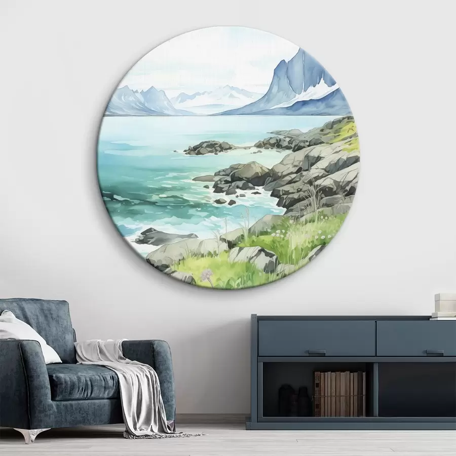 Tablouri Norvegia natură, fiorduri, peisaj de vară, iarbă verde, munți, stil acuarelă r43188