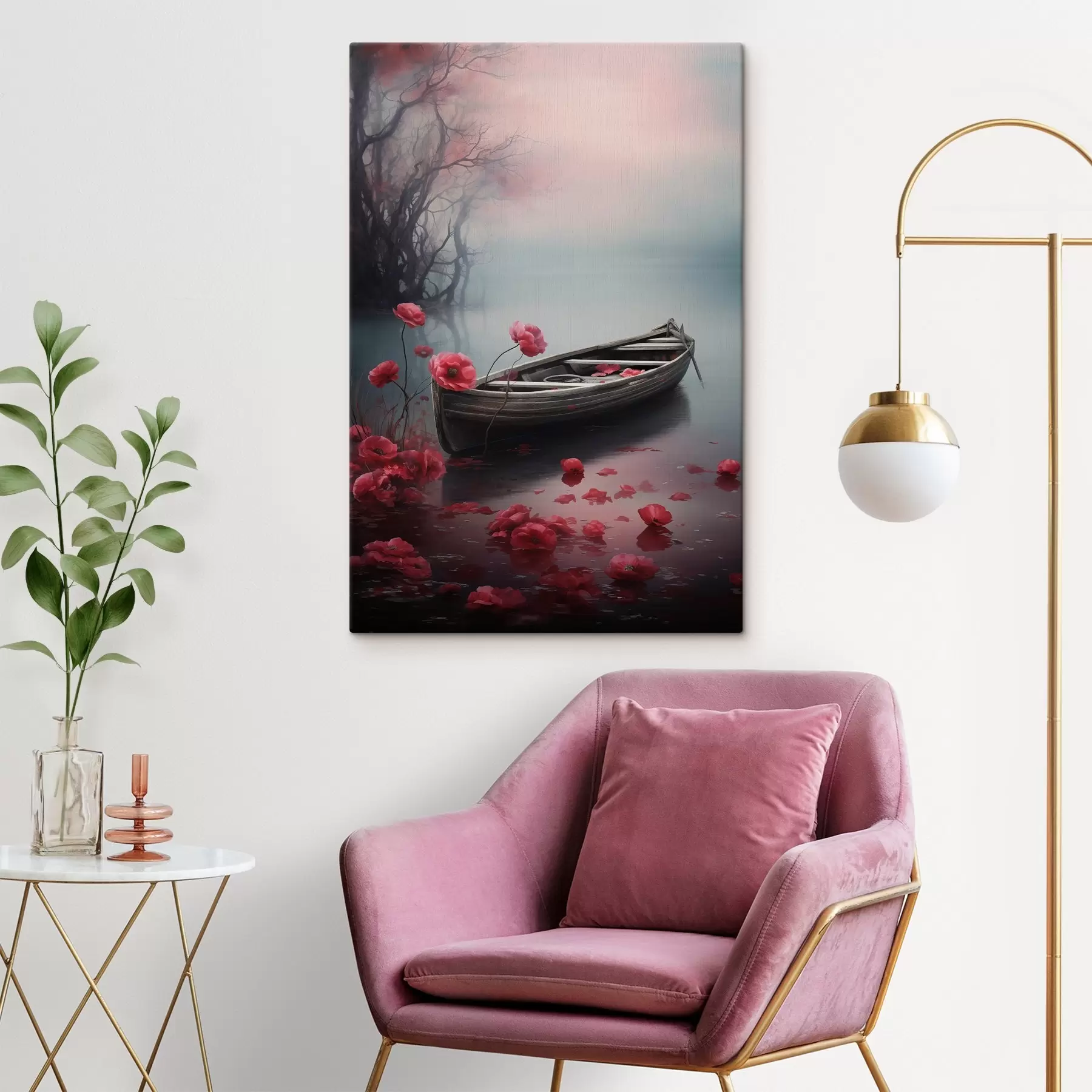 Tablouri Barcă și flori de mac pe lac s43203