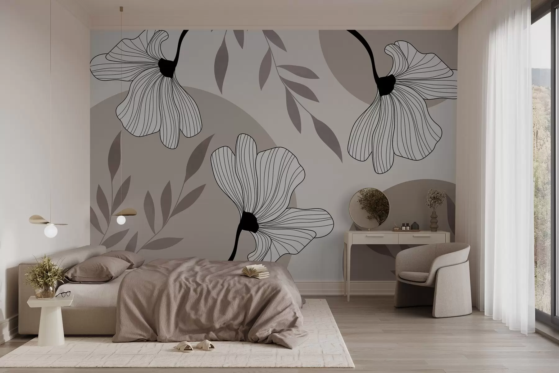 fototapet Abstracție cu flori și frunze în tonuri de bej w03328