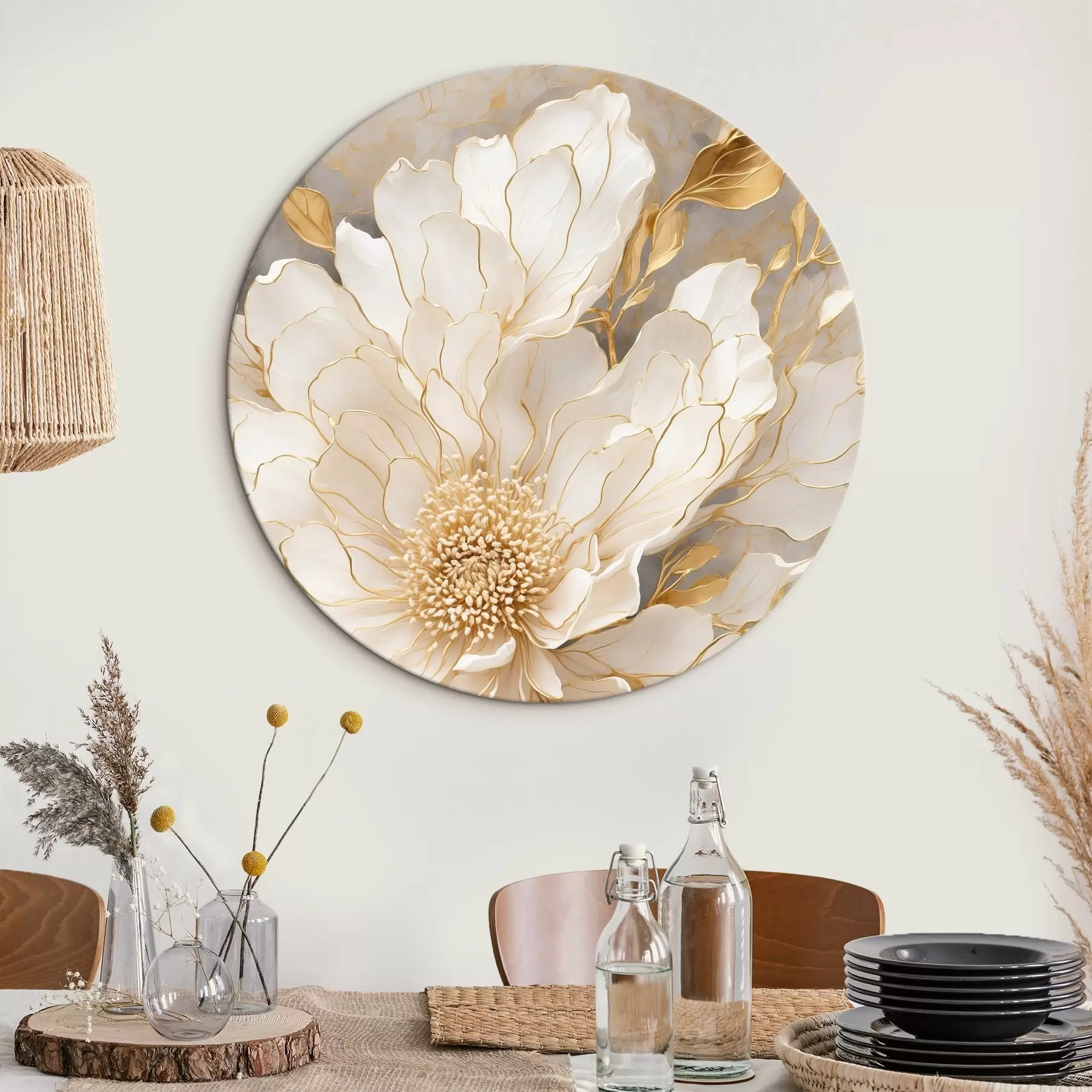 Tablouri Floare albă cu frunze în stilul picturii acrilice r43115