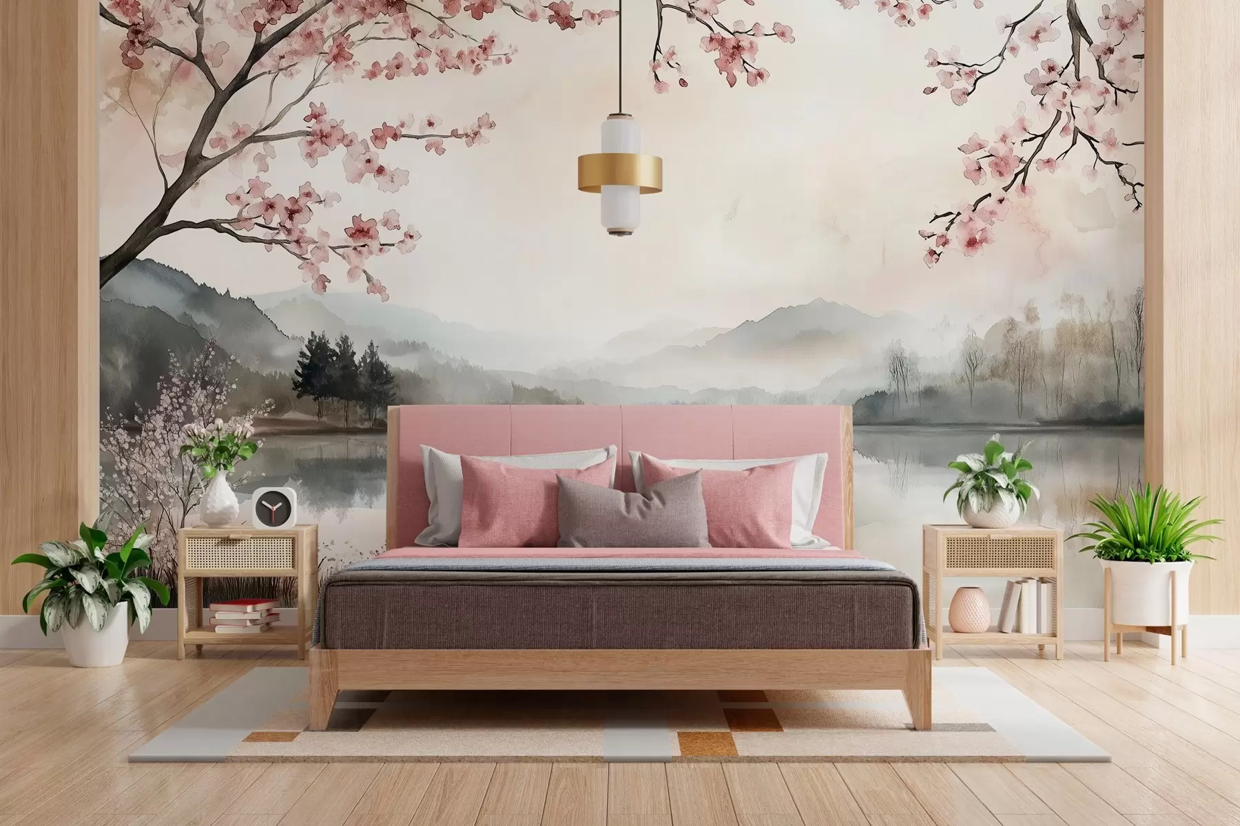 fototapet peisaj calm de acuarelă cu un lac și un copac înflorit w03282