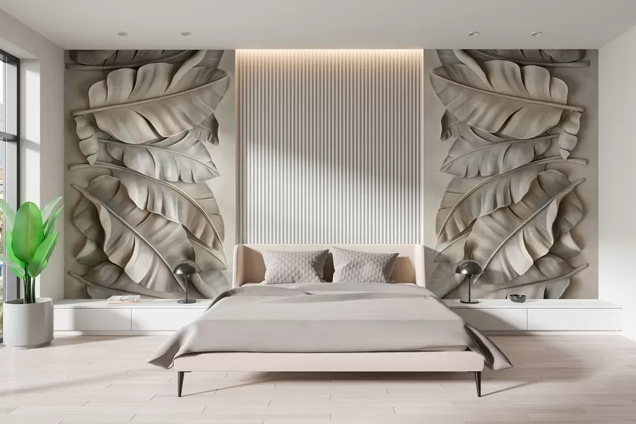 fototapet imitație a unui basorelief cu frunze tropicale în tonuri de bej w03285