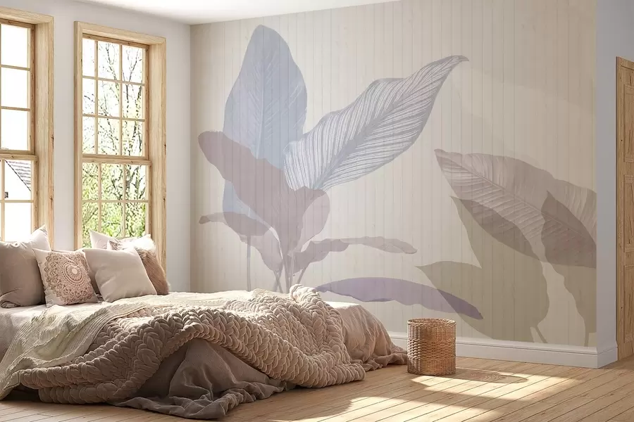 fototapet Ilustrație botanică moale cu frunze mari translucide în nuanțe pastelate pe un fundal texturat w03323