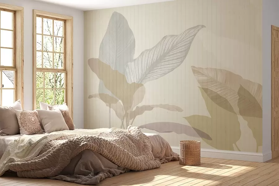 fototapet Ilustrație botanică moale cu frunze mari translucide în nuanțe pastelate pe un fundal texturat w03323v2