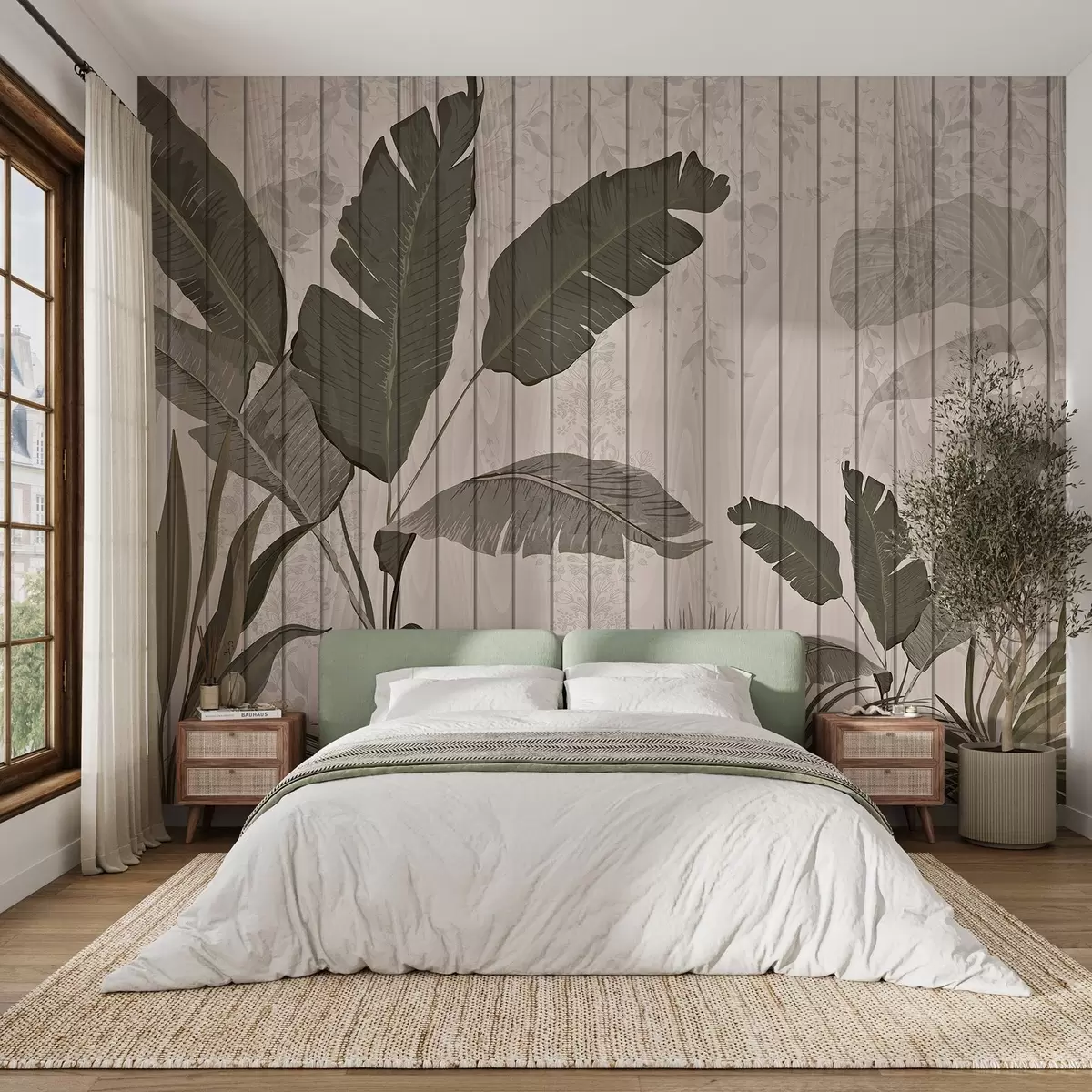 fototapet Ilustrație botanică elegantă cu frunze de banane și plante exotice pe un fundal ușor texturat w03325v1