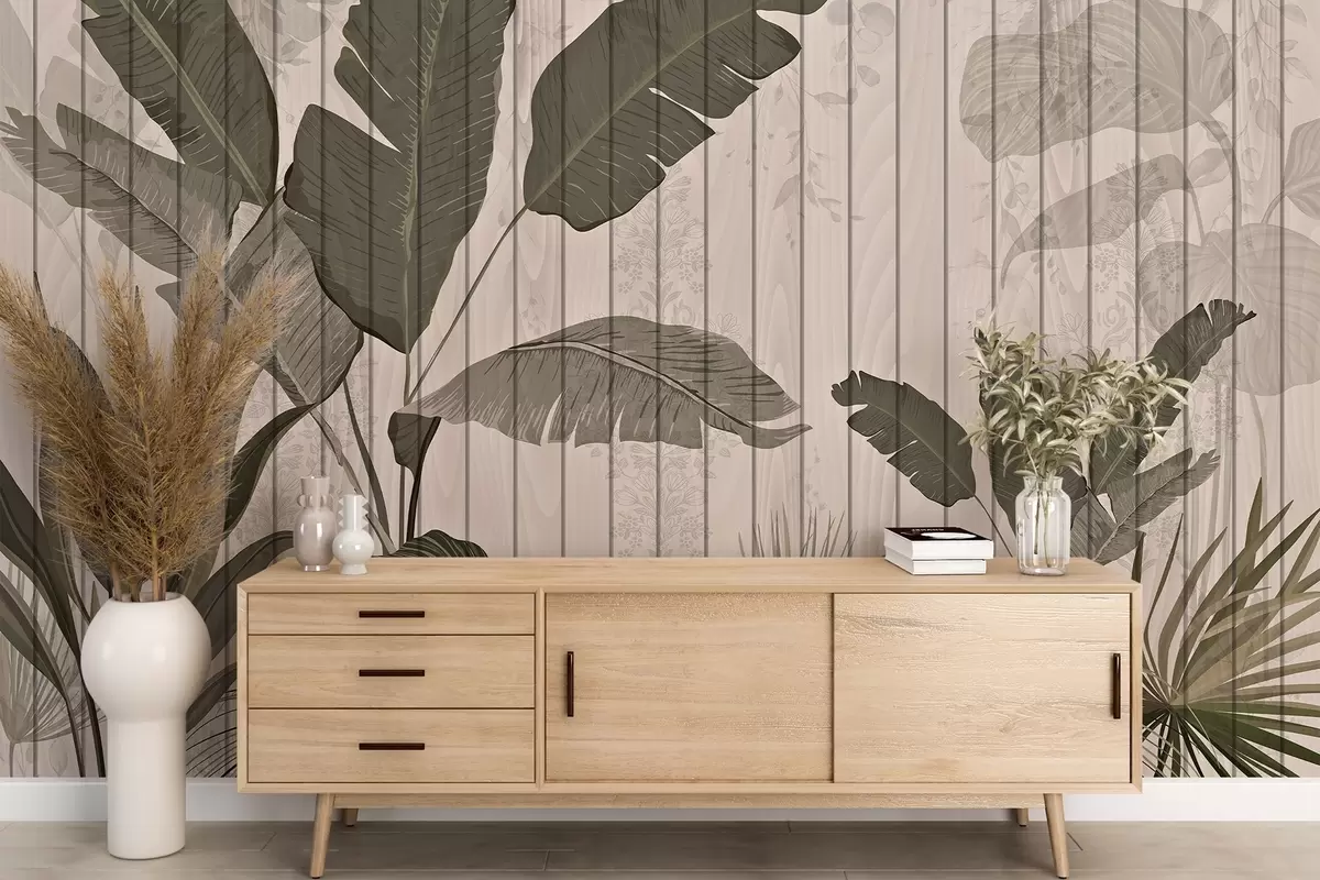 fototapet Ilustrație botanică elegantă cu frunze de banane și plante exotice pe un fundal ușor texturat w03325v1