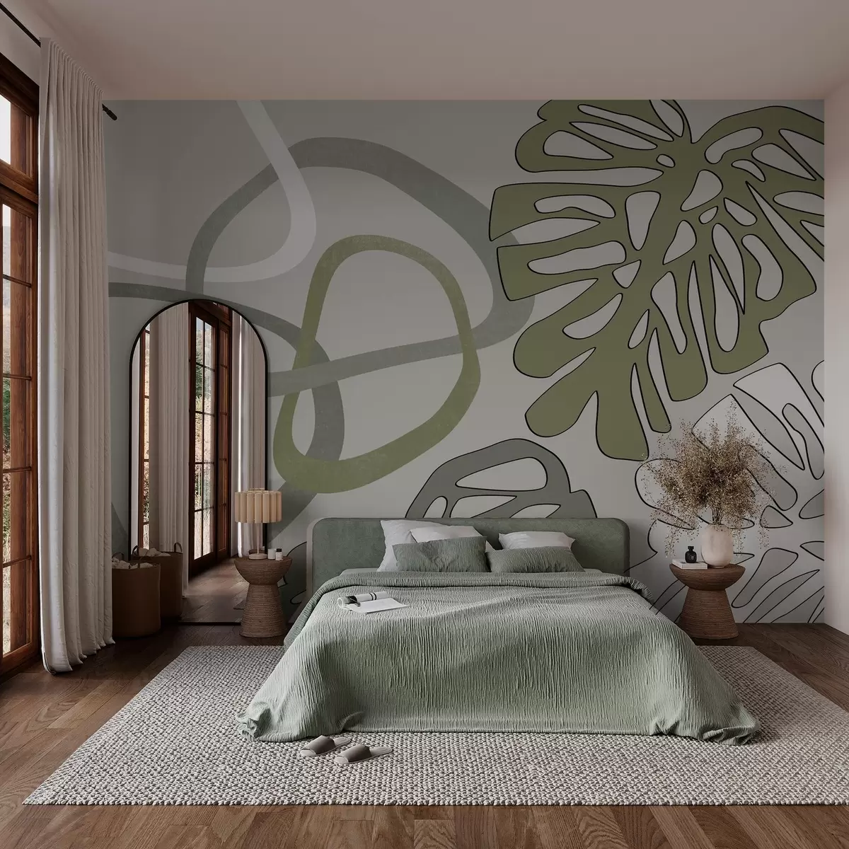 fototapet Frunze Monstera și forme abstracte, nuanțe de verde w03277v2