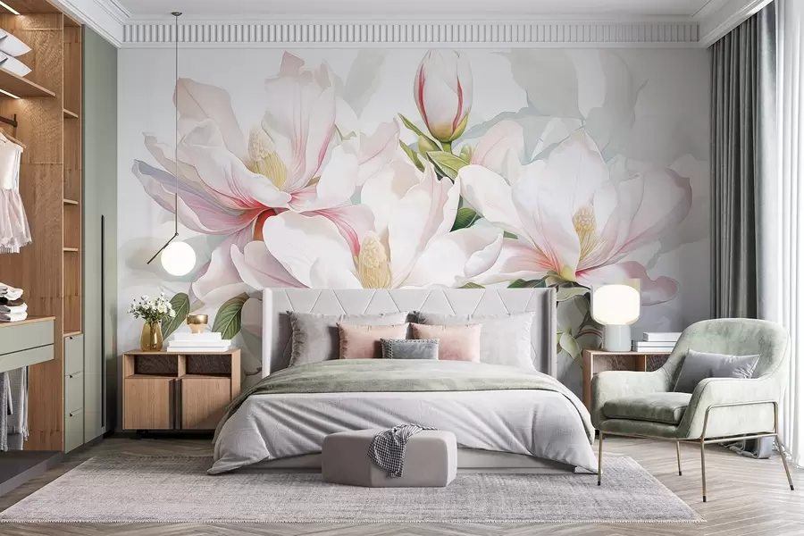 fototapet Flori de magnolie cu petale albe și roz, frunze și ramuri maro, stil acuarelă moale și delicat w08885