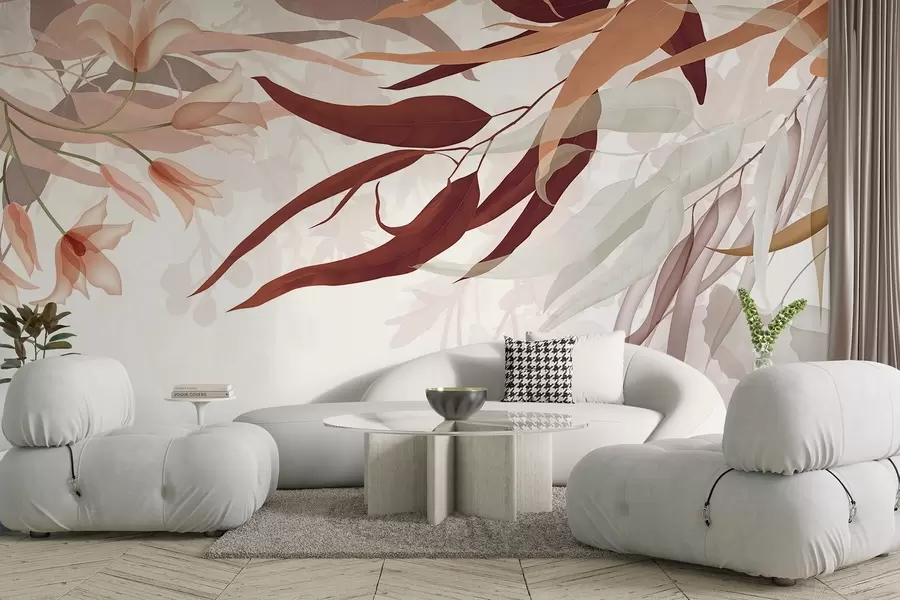 fototapet Frunze de eucalipt în nuanțe de bordo, bej și alb cu flori delicate și ramuri pe un fundal alb w08887