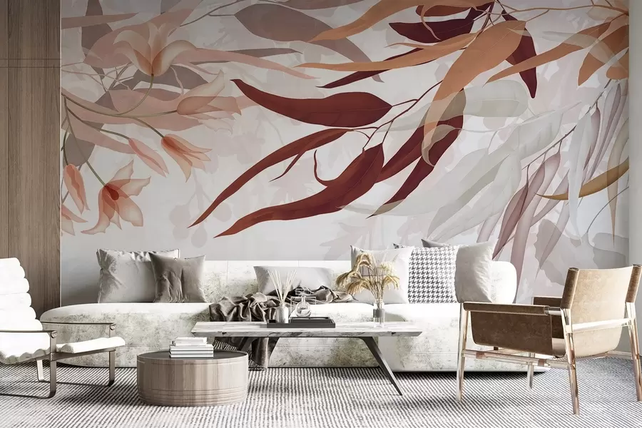 fototapet Frunze de eucalipt în nuanțe de bordo, bej și alb cu flori delicate și ramuri pe un fundal alb w08887