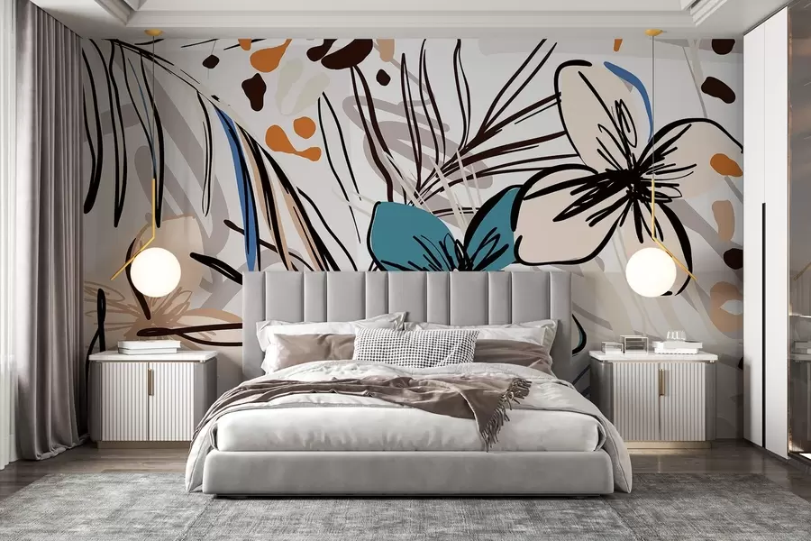 fototapet Print abstract modern cu frunze de palmier tropical, flori albastre și bej, linii negre, fundal deschis w08889