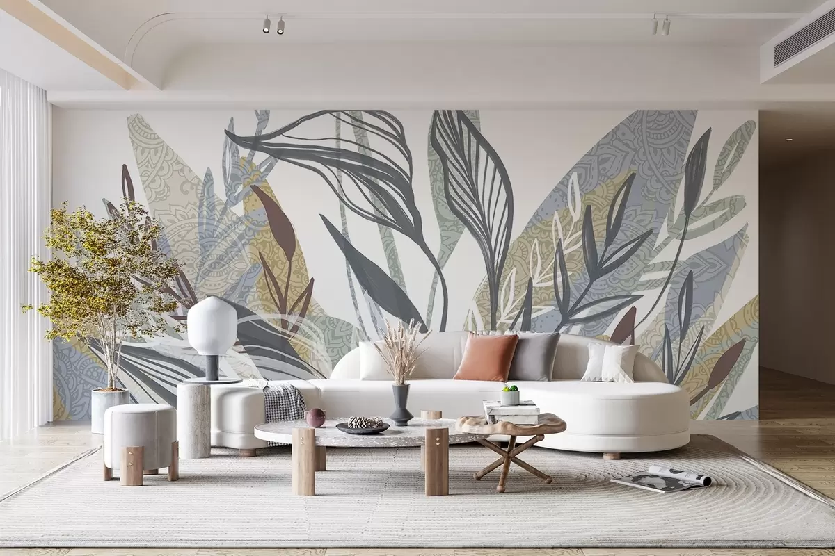 fototapet O colecție de frunze de diferite culori și dimensiuni, unele cu linii de artă, pe un fundal alb w08893