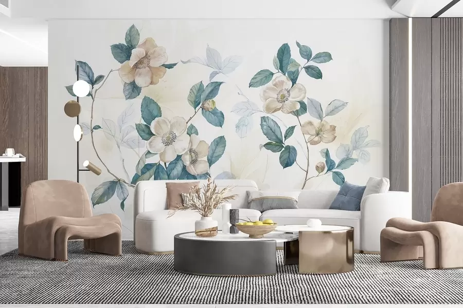 fototapet Flori în stil delicat de acuarelă cu petale albe și bej și frunze verzi pe o ramură, fundal deschis  w08895