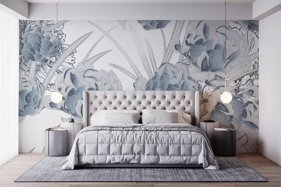 fototapet Peonii albastre cu frunze pe un fundal alb, design floral, ilustrare botanică  w08896