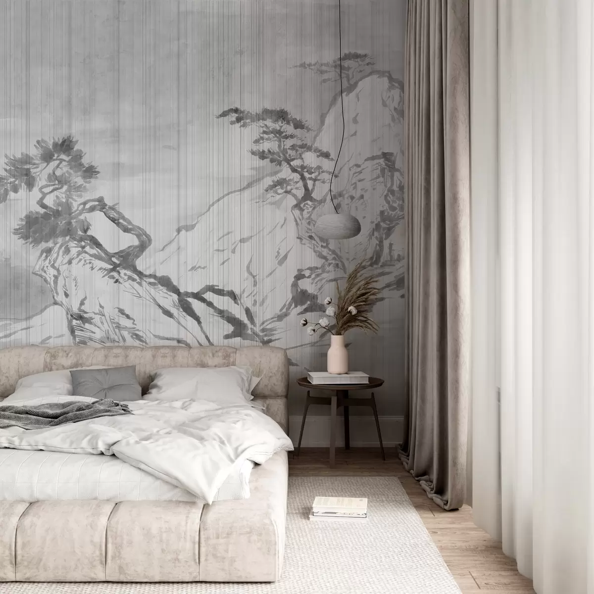 fototapet Ilustrație tradițională chineză monocromă de peisaj cu munți, copaci și ceață, fundal gri w03379v1