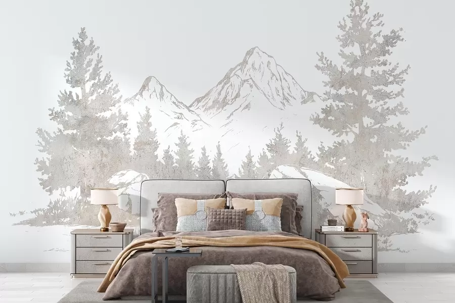 fototapet Alpi, munți cu pădure, desen liniar, culori naturale w03343