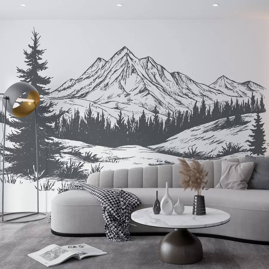 fototapet Munți peisaj cu copaci de pin, pădure, natură, culoare gri închis w03344