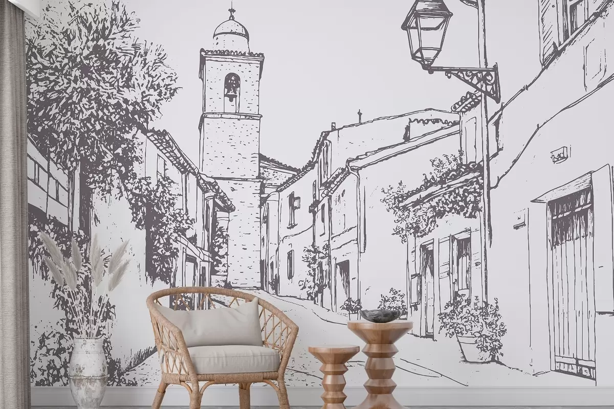 fototapet Strada orașului, arhitectură frumoasă, clădiri, mediteraneană, desen liniar, culoare bej w03345v1