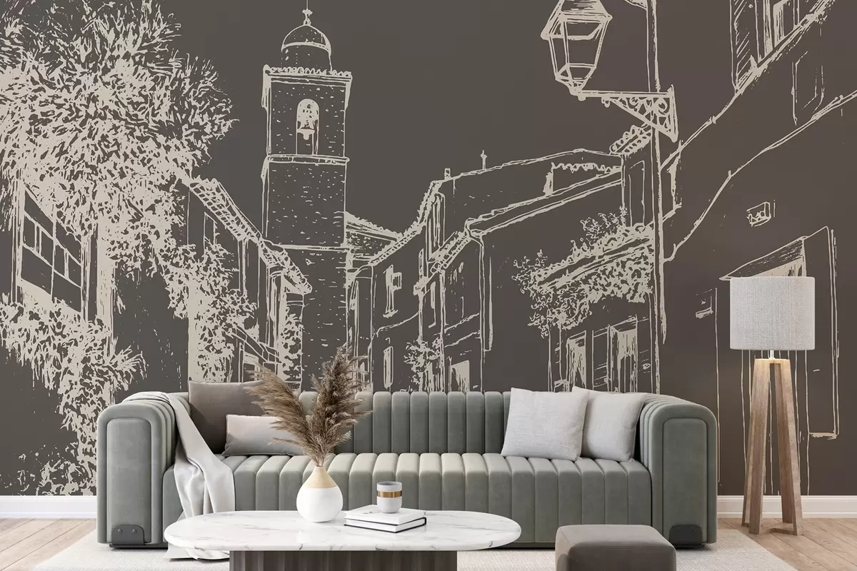 fototapet Strada orașului, arhitectură frumoasă, clădiri, Marea Mediterană, desen liniar, culoare închisă w03345v2