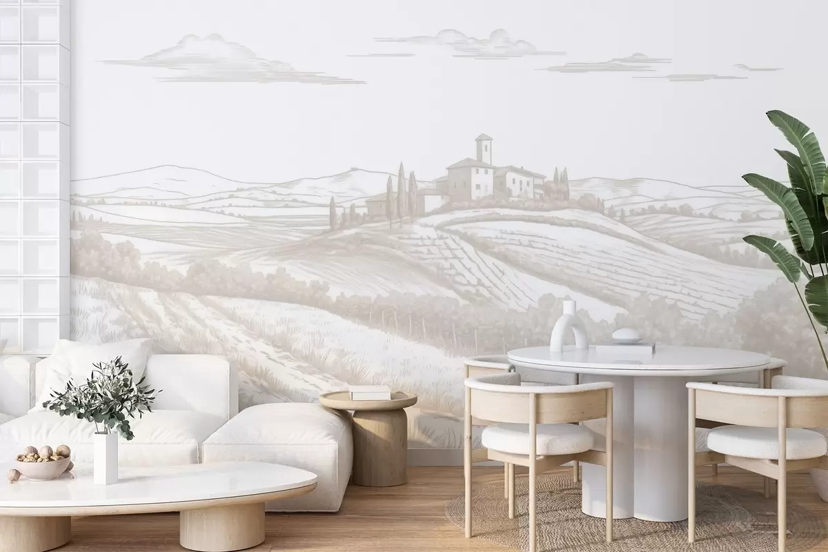 fototapet Toscana peisaje, Italia, podgorii, natura, castel vechi, culori bej w03349