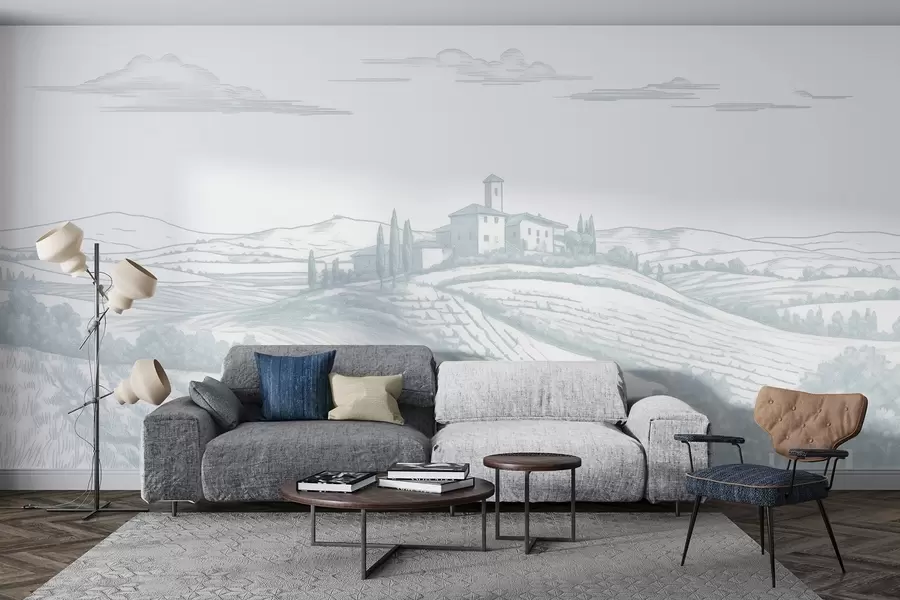 fototapet Toscana peisaje, Italia, podgorii, natura, castel vechi, culori albastre w03349v1