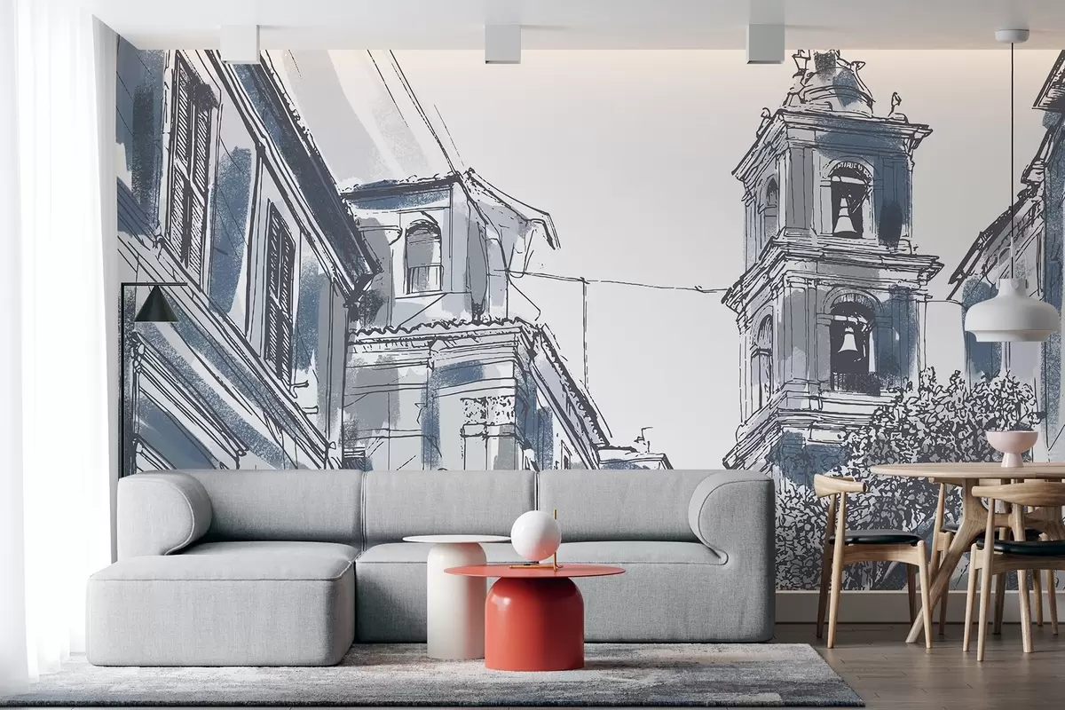 fototapet Strada orașului mediteranean, capelă, arhitectură, culori gri și albastru w03350