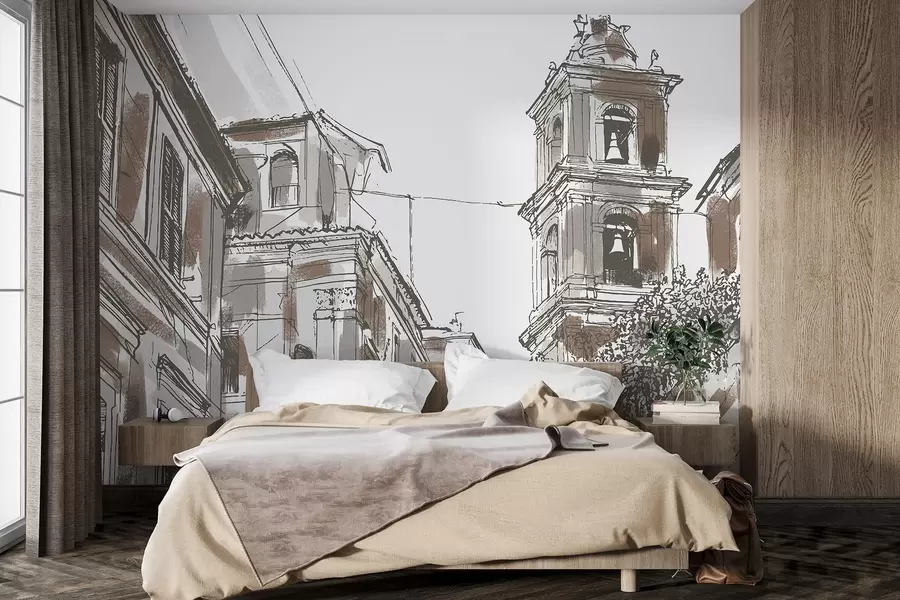 fototapet Strada orașului mediteranean, capelă, arhitectură, culori bej și maro w03350v1