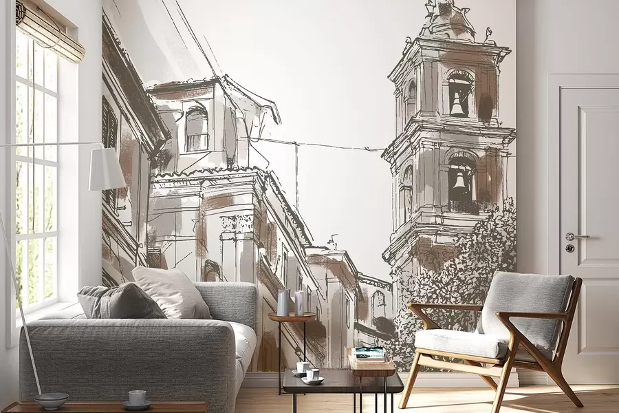 fototapet Strada orașului mediteranean, capelă, arhitectură, culori bej și maro w03350v1