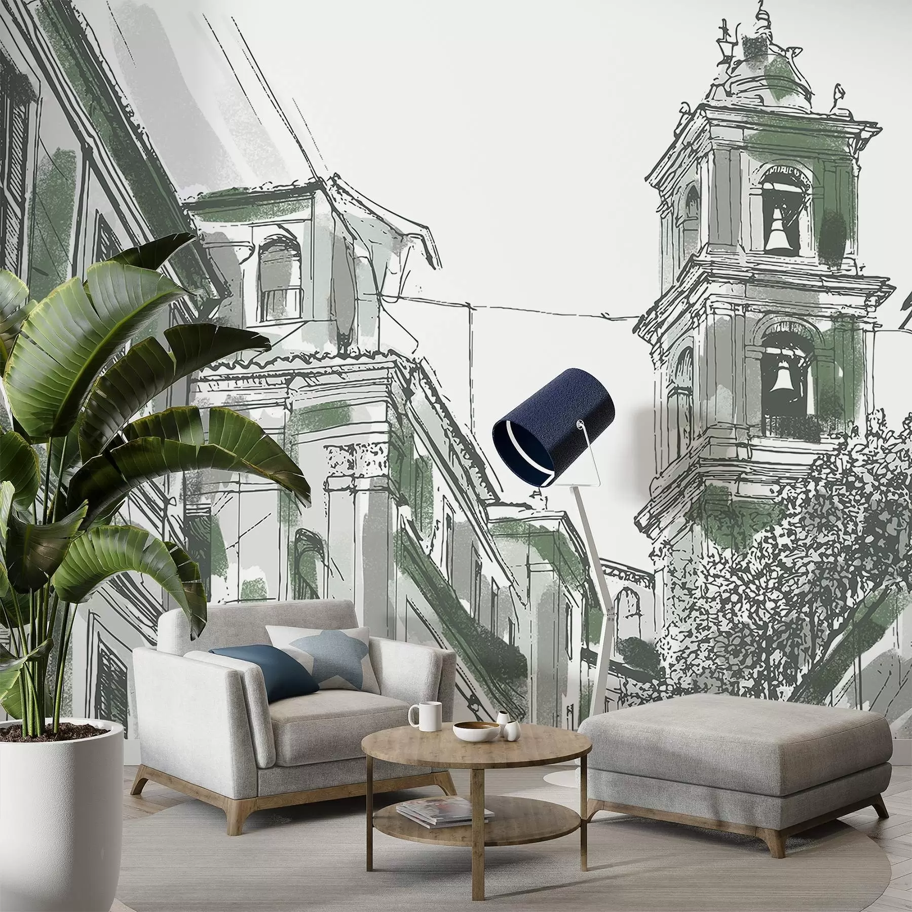 fototapet Strada orașului mediteranean, capelă, arhitectură, culori gri și verde w03350v2