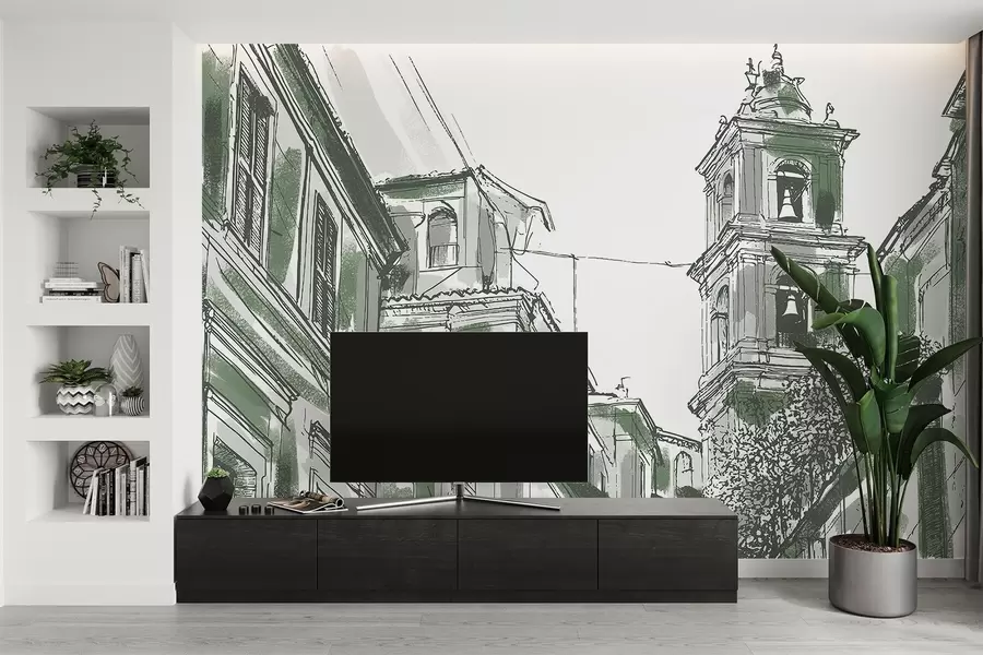 fototapet Strada orașului mediteranean, capelă, arhitectură, culori gri și verde w03350v2