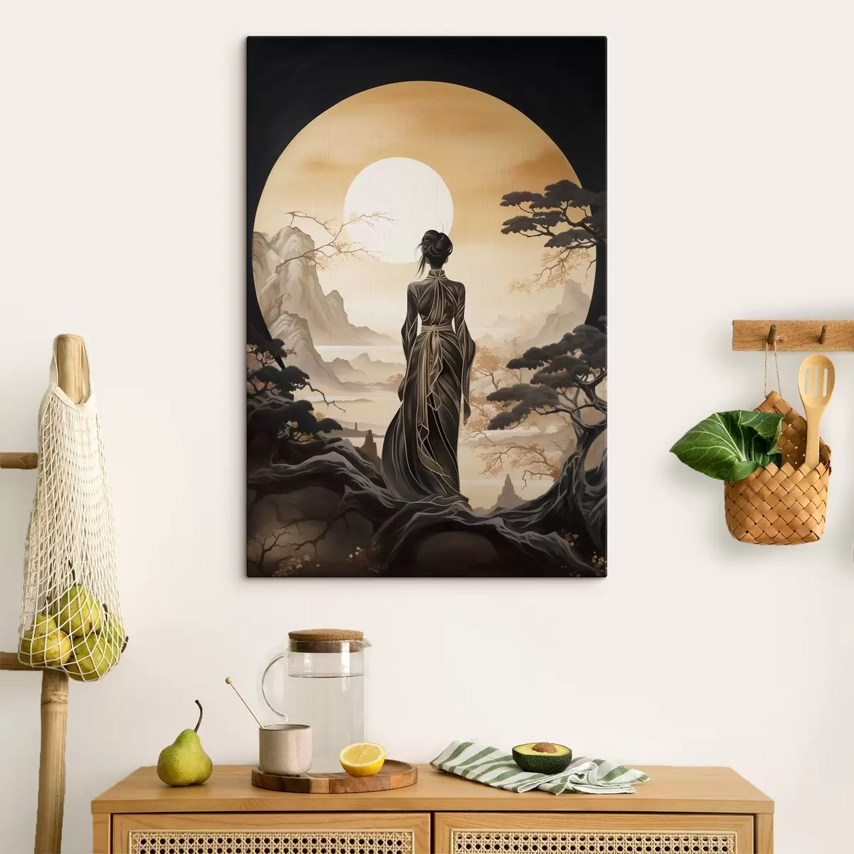 Tablouri Oameni, Japonia, fată la apus pe fundalul de sakura și munți s43256