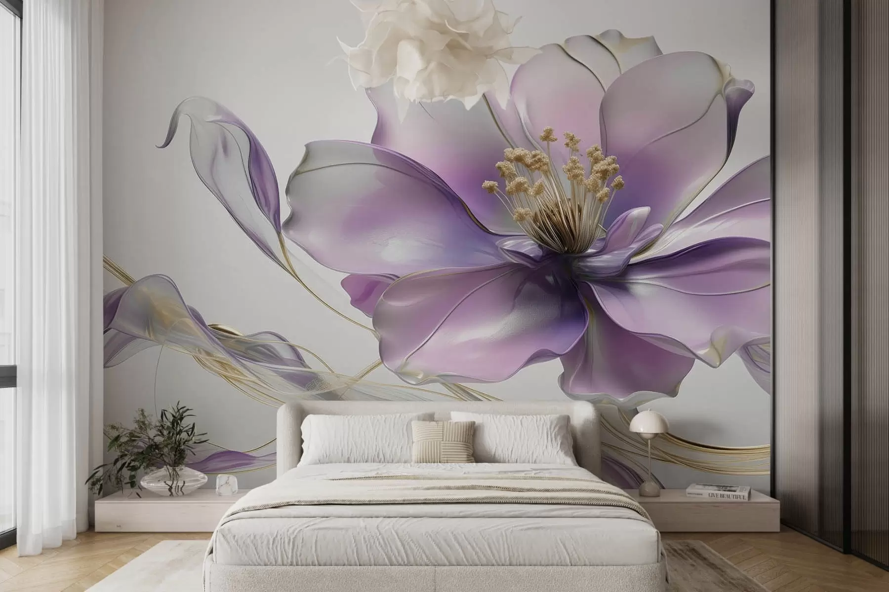 fototapet Floare abstractă mare pe perete în nuanță de liliac w08902v1