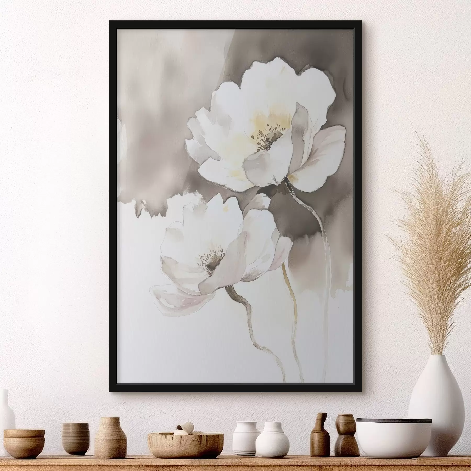 Tablouri Flori albe pe un fundal maro în stilul vopselei de acuarelă f43297