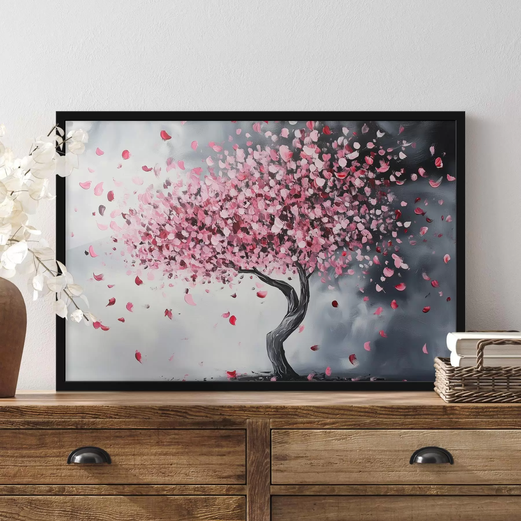 fototapet Copac înflorit roz pe fundal gri f43299